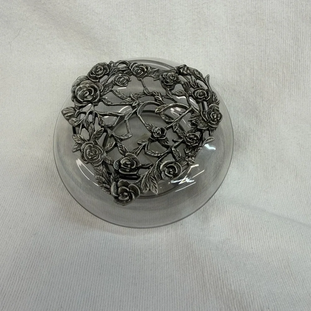 Vintage Pewter & Glass Trinket Potpourri Dish With 3D Roses & Leaves